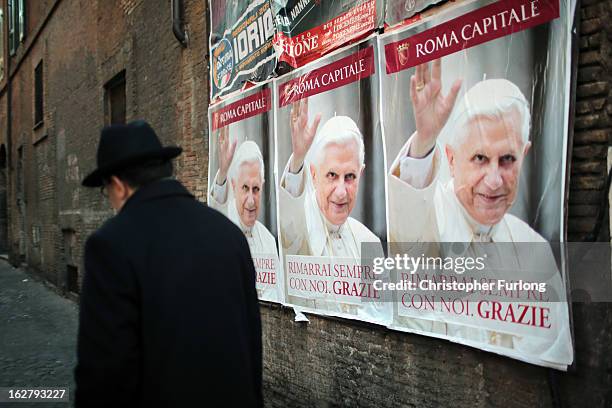 Posters wish Pope Benedict XVI farewell after giving his final general audience in St Peter's Square before his retirement on February 27, 2013 in...