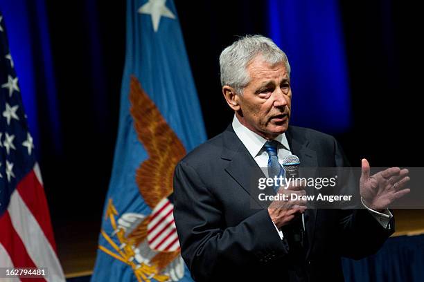 Newly sworn in U.S. Secretary of Defense Chuck Hagel speaks to service members and employees of the Department of Defense during a daily staff...