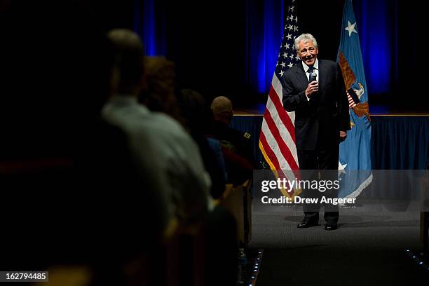 Newly sworn in U.S. Secretary of Defense Chuck Hagel speaks to service members and employees of the Department of Defense during a daily staff...