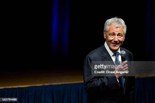 Newly sworn in U.S. Secretary of Defense Chuck Hagel speaks to service members and employees of the Department of Defense during a daily staff...
