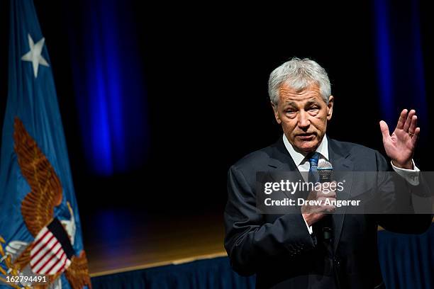 Newly sworn in U.S. Secretary of Defense Chuck Hagel speaks to service members and employees of the Department of Defense during a daily staff...