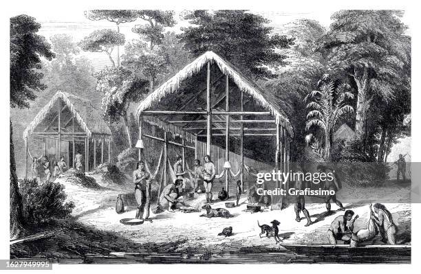 stockillustraties, clipart, cartoons en iconen met indigenous people of suriname in rain forest 1859 - suriname