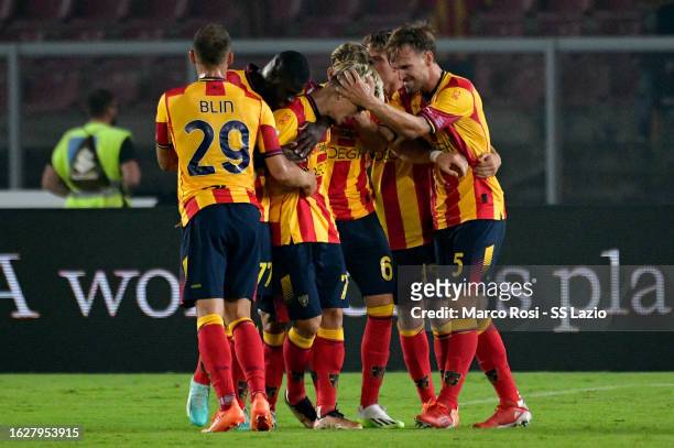 Di Francesco of US Lecce celebrates a second goal with his team mates during the Serie A TIM match between US Lecce v SS Lazio at Stadio Via del Mare...