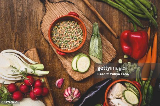 diet or vegetarian food on a wooden table. - zinc stock pictures, royalty-free photos & images