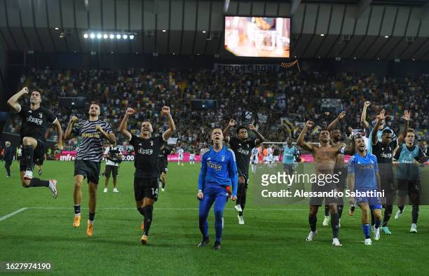 Juventus players react following the Serie A TIM match between Udinese Calcio and Juventus at Dacia Arena on August 20, 2023 in Udine, Italy.