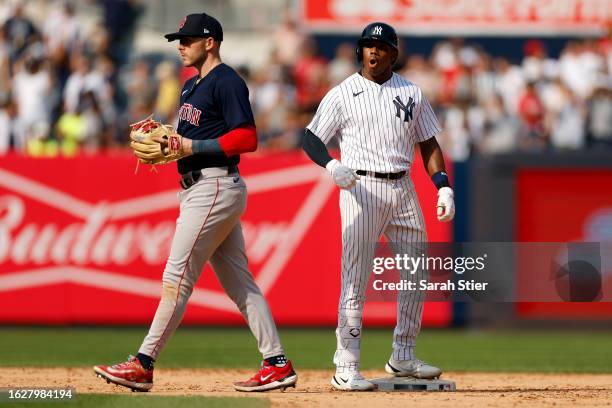 Greg Allen of the New York Yankees reacts after hitting a double during the ninth inning against the Boston Red Sox at Yankee Stadium on August 20,...