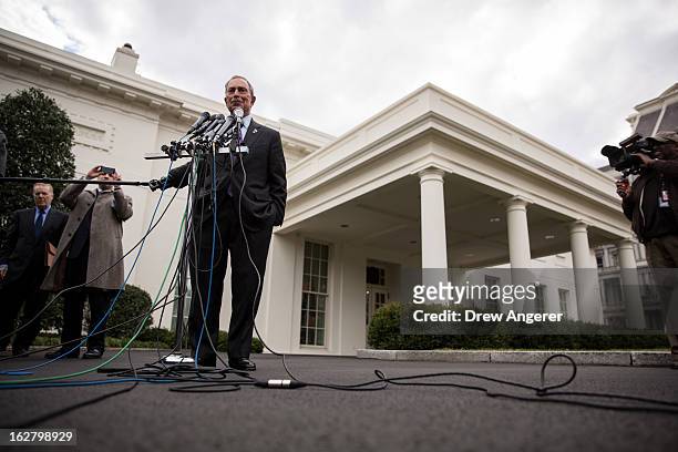New York City Mayor Michael Bloomberg speaks to the media outside the West Wing of the White House after meeting with Vice President Joe Biden,...