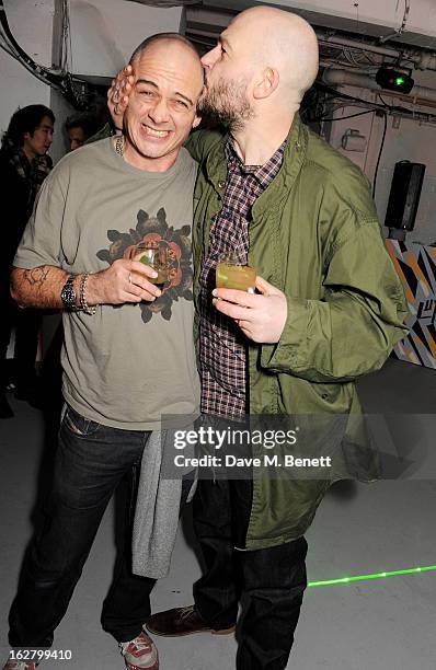 Dinos Chapman and Jake Chapman attend the launch of artist Dinos Chapman's first album 'Luftbobler' at The Vinyl Factory on February 27, 2013 in...