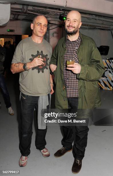 Dinos Chapman and Jake Chapman attend the launch of artist Dinos Chapman's first album 'Luftbobler' at The Vinyl Factory on February 27, 2013 in...