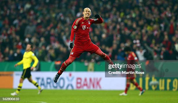 Arjen Robben of Muenchen celebrates after the DFB cup quarter final match between Bayern Muenchen and Borussia Dortmund at Allianz Arena on February...