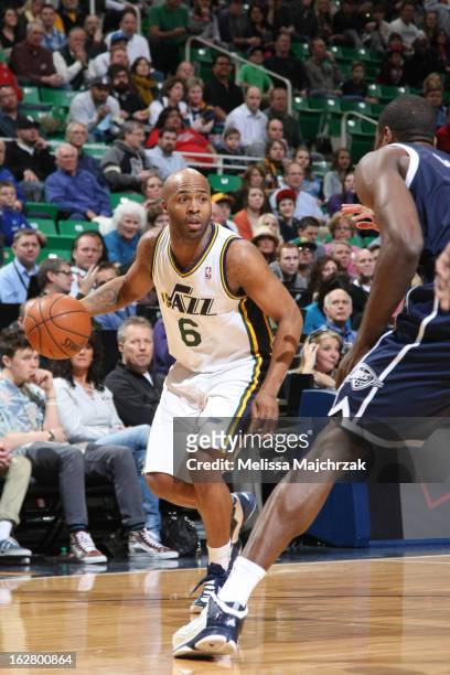 Jamaal Tinsley of the Utah Jazz looks to drive to the basket against the Oklahoma City Thunder on February 12, 2013 in Salt Lake City, Utah. NOTE TO...