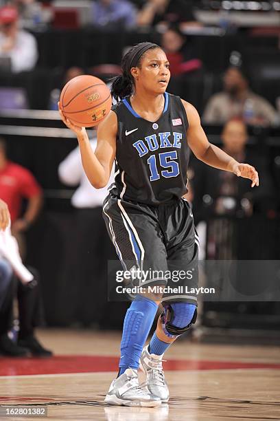 Richa Jackson of the Duke Blue Devils looks to pass the ball during a women's college basketball game against the Maryland Terrapins on February 24,...