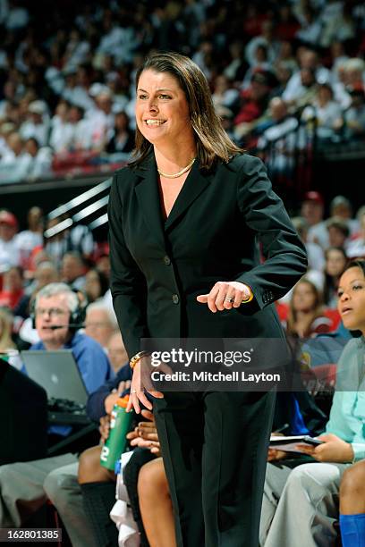 Head coach Joanna P. McCallie of the Duke Blue Devils looks on during a women's college basketball game against the Maryland Terrapins on February...