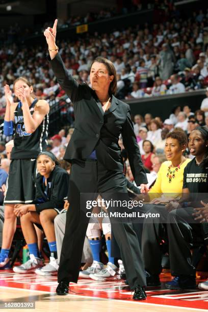 Head coach Joanna P. McCallie of the Duke Blue Devils calls a play during a women's college basketball game against the Maryland Terrapins on...