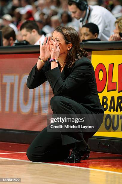 Head coach Joanna P. McCallie of the Duke Blue Devils talks to her players during a women's college basketball game against the Maryland Terrapins on...