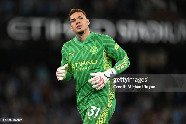 Ederson of Manchester City looks on during the Premier League match between Manchester City and Newcastle United at Etihad Stadium on August 19, 2023...