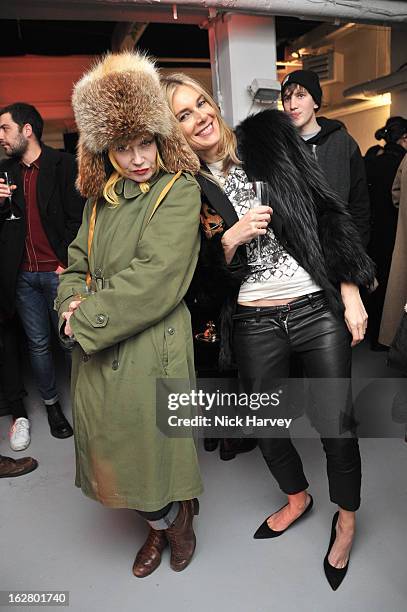 Pam Hogg and Kim Hersov attend the launch of Dinos Chapman's album 'Luftbobler' at The Vinyl Factory Gallery on February 27, 2013 in London, England.