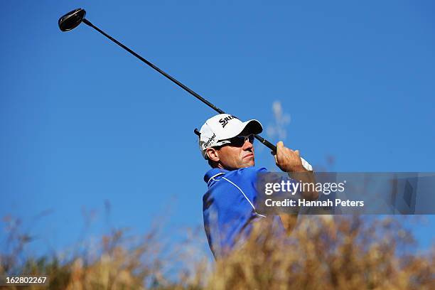 Andrew Tschudin of Australia tees off during day one of the NZ PGA Championship at The Hills Golf Club on February 28, 2013 in Queenstown, New...