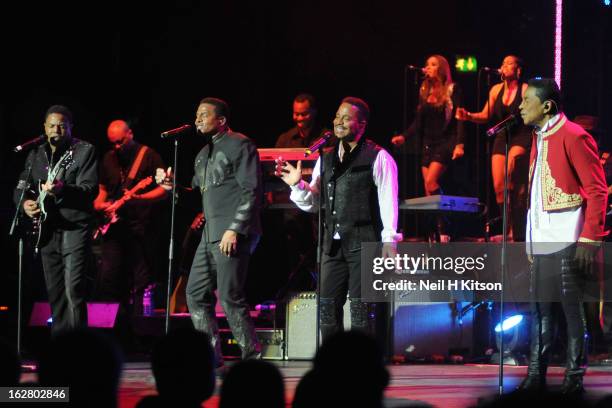 Tito Jackson, Jackie Jackson, Marlon Jackson and Jermaine Jackson of The Jacksons perform on stage in concert at Manchester Apollo on February 27,...