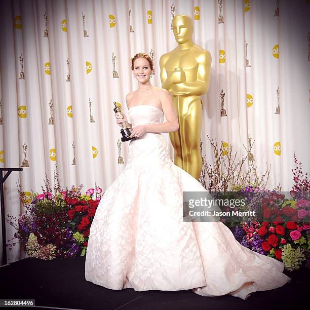 Actress Jennifer Lawrence poses in the press room at the 85th Annual Academy Awards at Hollywood & Highland Center on February 24, 2013 in Hollywood,...