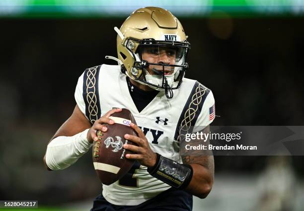 Dublin , Ireland - 26 August 2023; Navy Midshipmen quarterback Xavier Arline during the Aer Lingus College Football Classic match between Notre Dame...