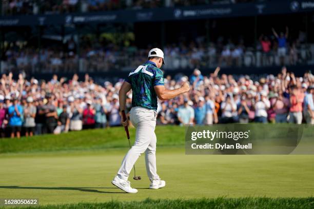 Viktor Hovland of Norway reacts after making birdie on the 18th green during the final round of the BMW Championship at Olympia Fields Country Club...