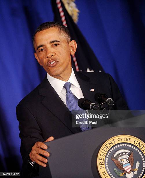 President Barack Obama speaks at the Business Council dinner February 27, 2013 at the Park Hyatt Hotel in Washington, DC. The Business Council is...