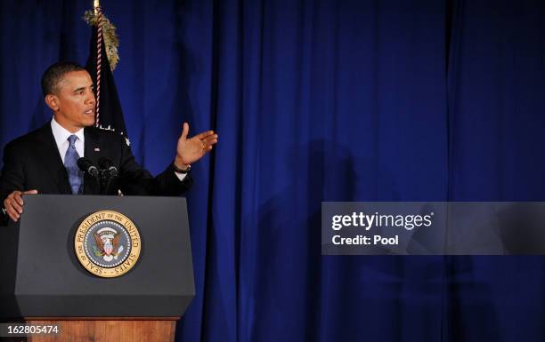 President Barack Obama speaks at the Business Council dinner February 27, 2013 at the Park Hyatt Hotel in Washington, DC. The Business Council is...