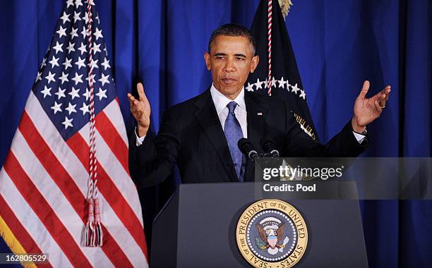 President Barack Obama speaks at the Business Council dinner February 27, 2013 at the Park Hyatt Hotel in Washington, DC. The Business Council is...