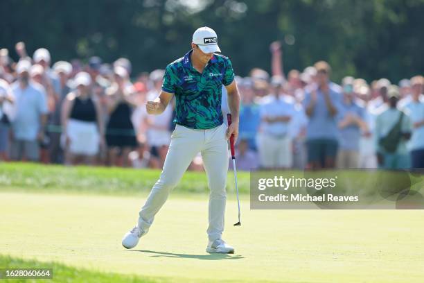 Viktor Hovland of Norway reacts after making birdie on the 15th green during the final round of the BMW Championship at Olympia Fields Country Club...