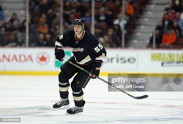 Bryan Allen of the Anaheim Ducks skates against the Columbus Blue Jackets at Honda Center on February 18, 2013 in Anaheim, California.