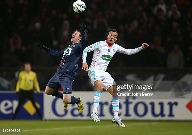 Maxwell Scherrer of PSG and Foued Kadir of OM in action during the French Cup match between Paris Saint Germain FC and Olympique de Marseille OM at...