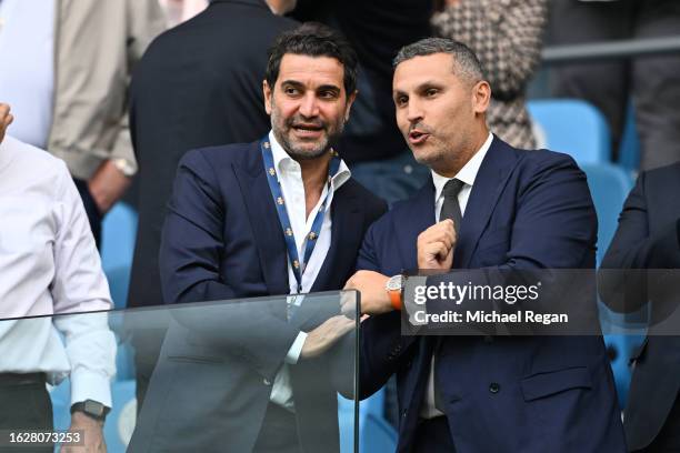 Co-Owner of Newcastle United, Mehrdad Ghodoussi and Chairman of Manchester City, Khaldoon Al Mubarak are seen before the Premier League match between...