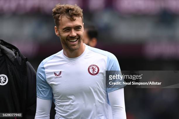 Calum Chambers of Aston Villa warms up before the Premier League match between Burnley and Aston Villa at Turf Moor on August 27, 2023 in Burnley,...