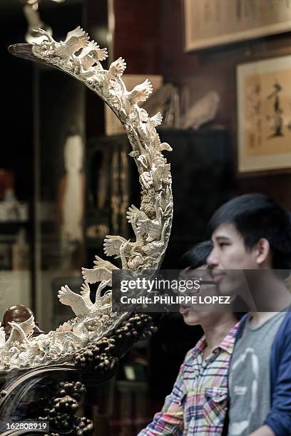 Environment-wildlife-CITES-ivory-China,FOCUS by Tom Hancock This picture taken on February 27, 2013 shows a pedestrian walking past a shop window...