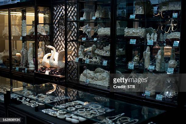 Environment-wildlife-CITES-ivory-China,FOCUS by Tom Hancock This photo taken on February 27, 2013 shows ivory bracelets on display at a shop in an...