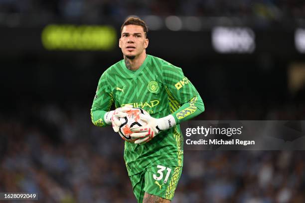 Ederson of Manchester City looks o during the Premier League match between Manchester City and Newcastle United at Etihad Stadium on August 19, 2023...