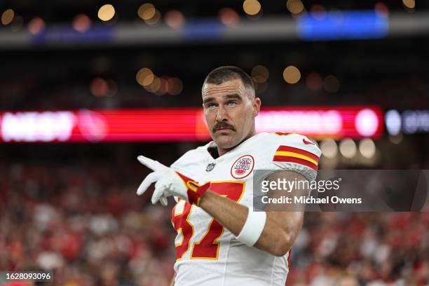 Travis Kelce of the Kansas City Chiefs reacts prior to an NFL preseason football game between the Arizona Cardinals and the Kansas City Chiefs at...