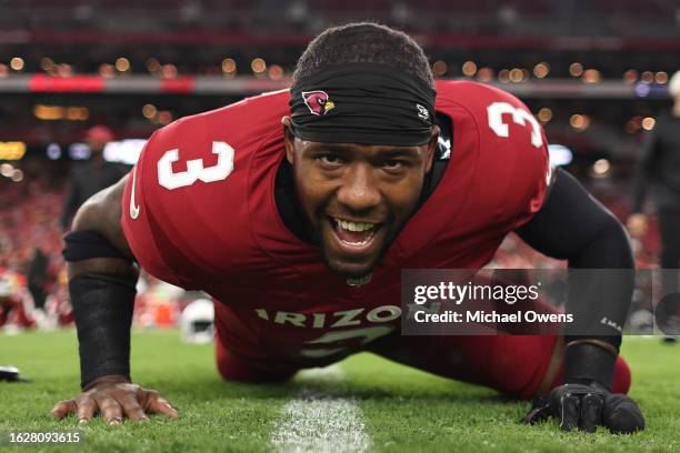 Budda Baker of the Arizona Cardinals reacts as he warms up prior to an NFL preseason football game between the Arizona Cardinals and the Kansas City...