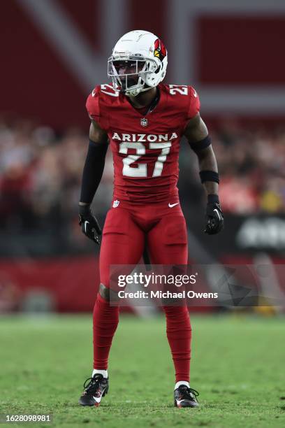 Nate Hairston of the Arizona Cardinals looks on during an NFL preseason football game between the Arizona Cardinals and the Kansas City Chiefs at...