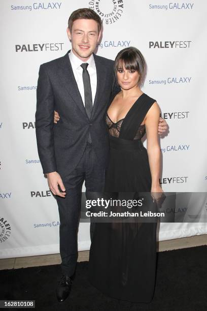 Cory Monteith and Lea Michele arrive to the Inaugural PaleyFest Icon Award honoring Ryan Murphy at The Paley Center for Media on February 27, 2013 in...