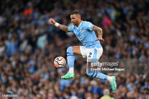 Kyle Walker of anchester City in action during the Premier League match between Manchester City and Newcastle United at Etihad Stadium on August 19,...