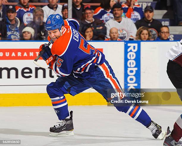 Ben Eager of the Edmonton Oilers skates against the Colorado Avalanche during an NHL game at Rexall Place on February 16, 2013 in Edmonton, Canada.