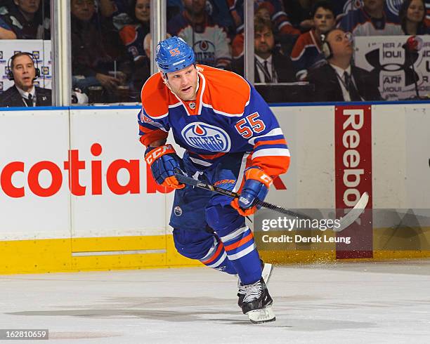 Ben Eager of the Edmonton Oilers skates against the Colorado Avalanche during an NHL game at Rexall Place on February 16, 2013 in Edmonton, Canada.