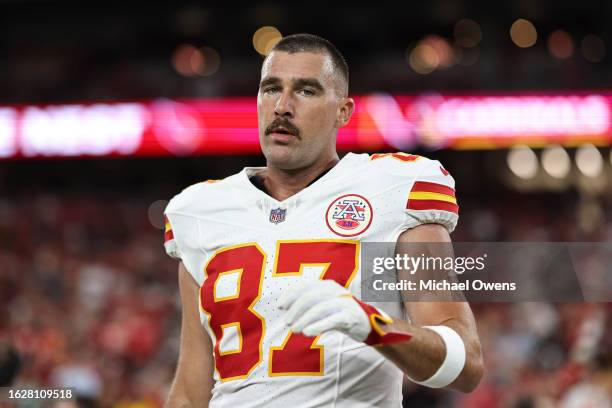 Travis Kelce of the Kansas City Chiefs reacts prior to an NFL preseason football game between the Arizona Cardinals and the Kansas City Chiefs at...