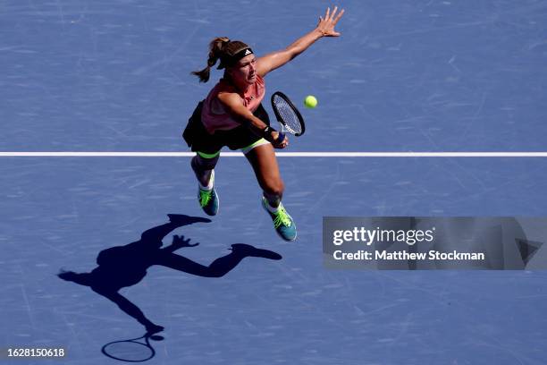 Karolina Muchova of Czech Republic lunges for a ball while playing Coco Gauff during the final of the Western & Southern Open at Lindner Family...