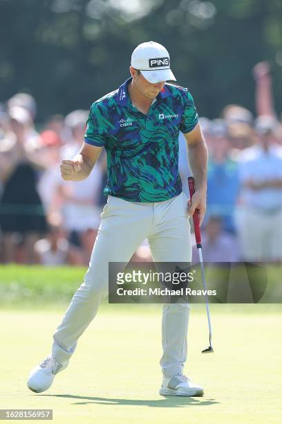 Viktor Hovland of Norway reacts after making birdie on the 15th green during the final round of the BMW Championship at Olympia Fields Country Club...