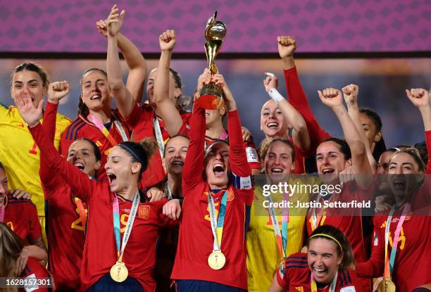 Ivana Andres of Spain lifts the FIFA Women's World Cup Trophy following victory in during the FIFA Women's World Cup Australia & New Zealand 2023...