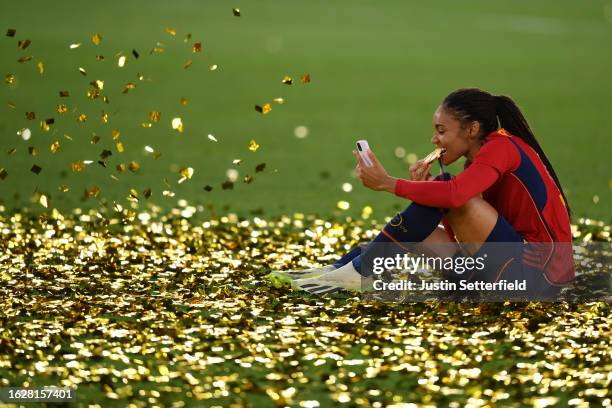 Salma Paralluelo of Spain celebrates after the team's victory in the FIFA Women's World Cup Australia & New Zealand 2023 Final match between Spain...