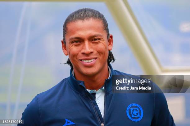 Joel Huiqui, assistant coach of Cruz Azul smiles during the 4th round match between Cruz Azul and Santos Laguna as part of the Torneo Apertura 2023...